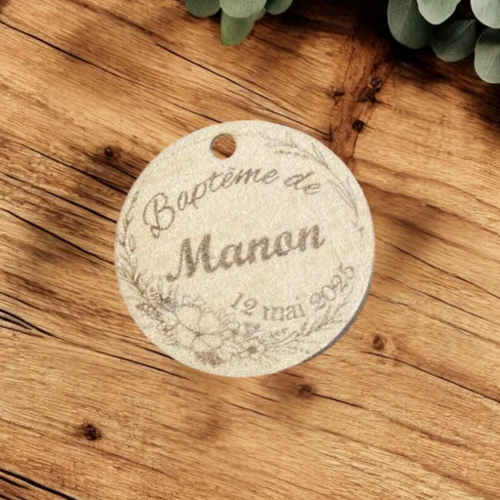 Étiquettes bois à personnaliser, médaillons en bois mariage baptême naissance communion pour pochons dragées ou décoration table