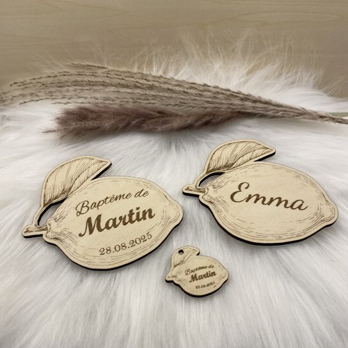 Magnet, marque-places, etiquettes en bois gravé thème citron - cadeau invité personnalisé pour mariage, baptême, communion