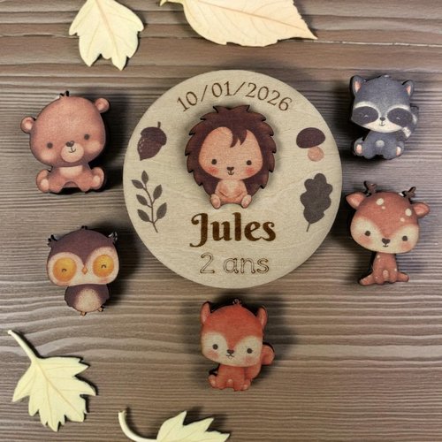 Magnet en bois anniversaire, thème animaux de la forêt