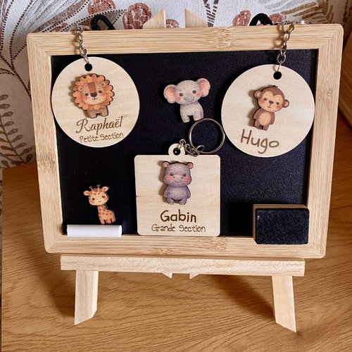 Porte-clés enfant en bois personnalisé motifs animaux — idée cadeau école & cartable