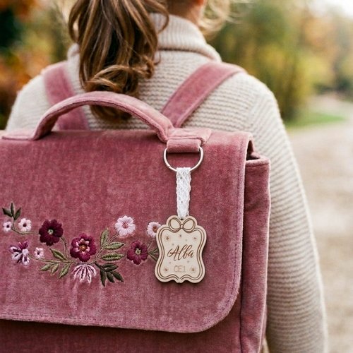 Porte-clés enfant en bois personnalisé motif boho floral — idée cadeau école & cartable