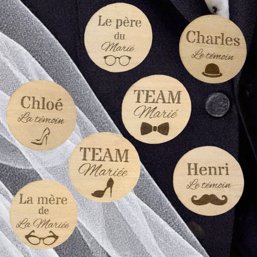 Badge en bois mariage pour témoins, père, mère, team marié, team mariée…