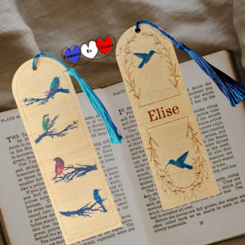 Marque-page en bois motif oiseaux ou colibri