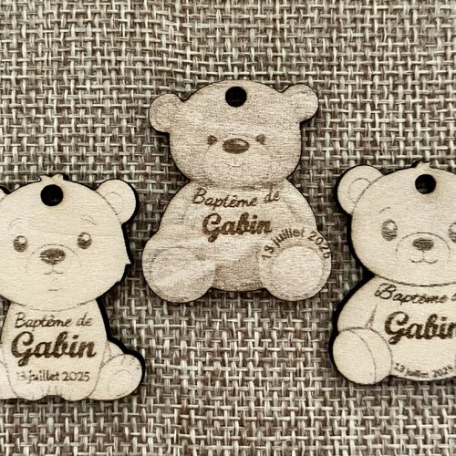Etiquettes bois baptême, naissance modèle ourson…