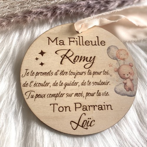 Carte en bois pour filleul(le) - cadeau baptême parrain marraine