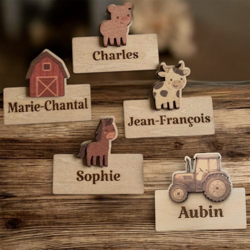 Marque-place bois animaux de la ferme baptême, anniversaire…