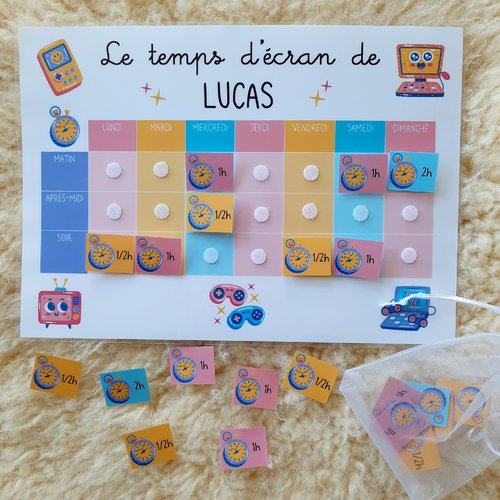 Tableau de gestion des écrans – limitation des temps d’écrans pour les enfants – personnalisable au prénom de l’enfant