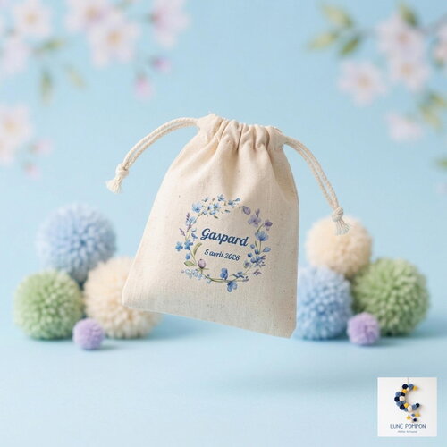 Sachet dragées x10 - pochon baptême couronne fleurie - cadeau invité mariage  - impression personnalisée date pré