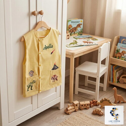 Tablier d’écolier personnalisé enfant – blouse école coton manches courtes, brodé ou imprimé – 3 à 6 ans fait main