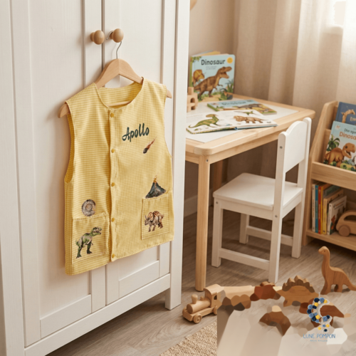 Tablier d’écolier personnalisé enfant – blouse école coton manches courtes, brodé ou imprimé – 3 à 6 ans fait main