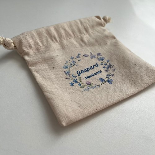 Sachet dragées - pochon baptême couronne fleurie - cadeau invité mariage - sac cadeau communion - impression personnalisée date prénom