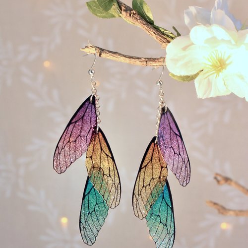 Boucles d'oreille "ailes de fée arc-en-ciel"