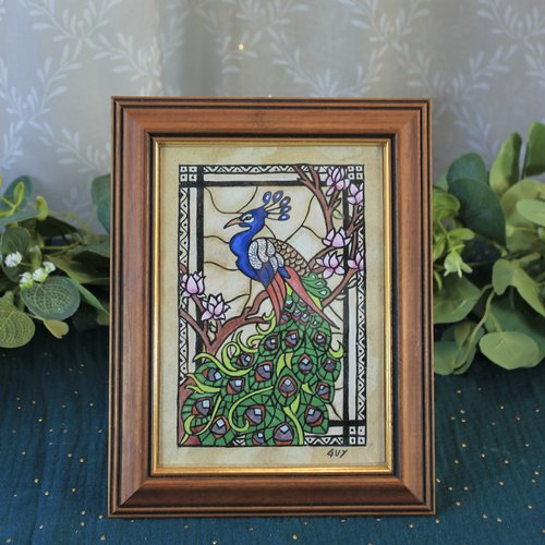 Dessin, peinture, enluminure sur peau de chèvre "paon art nouveau"