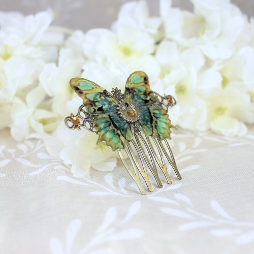 Petit peigne à cheveux décoratif " papillon steampunk-art nouveau" rétro fantaisie