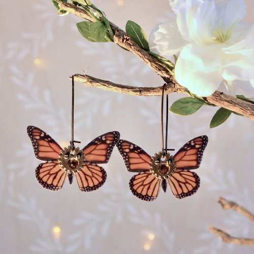 Boucles d'oreilles, dormeuse papillon monarque, steampunk,bucolique, féérique, fantastique, fantaisie