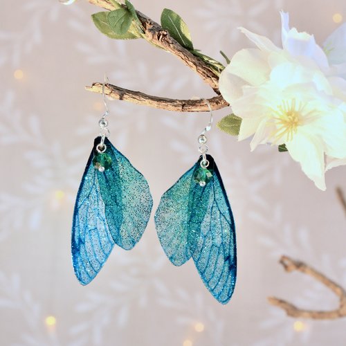 Boucles d'oreille "ailes de fée turquoises" fantaisie, féerie, fantastique, elfique
