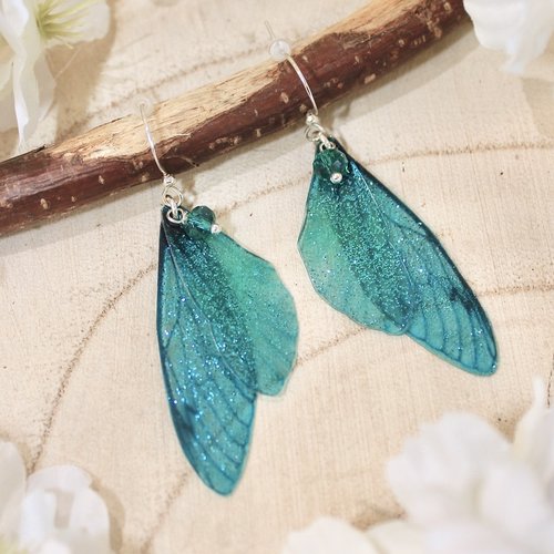 Boucles d'oreille "ailes de fée turquoises" fantaisie, féerie, fantastique, elfique