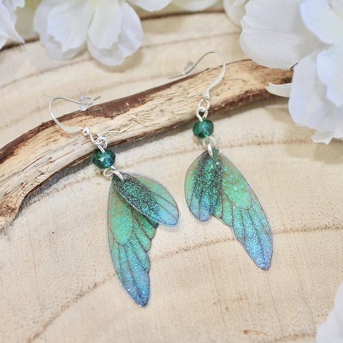 Boucles d'oreilles " ailes de fée turquoises dégradé bleu" féériques, fantastiques, elfique