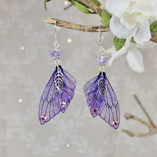 Boucles d'oreilles "ailes de fée papillon parme" féérique, fantastique, fantaisie, elfique