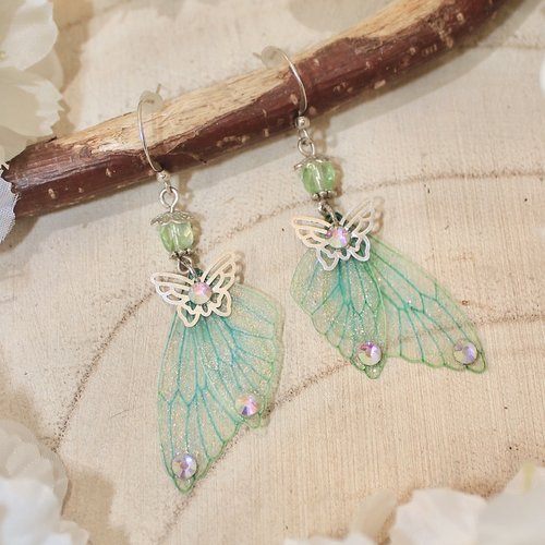 Boucles d'oreilles "ailes de fée papillon vertes" féérique, fantastique, fantaisie, elfique