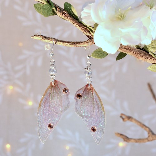 Boucles d'oreilles "ailes de fée roses irisées" féérique, fantastique, fantaisie, elfique