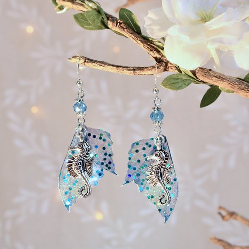 Boucles d'oreilles «fée hippocampe» féerique, fantastique, fantaisie, mer, océan