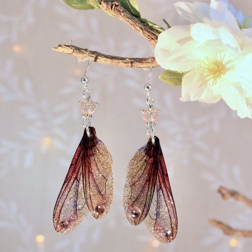 Boucles d'oreilles "ailes de fée dorées roses" féérique, fantastique, fantaisie, elfique