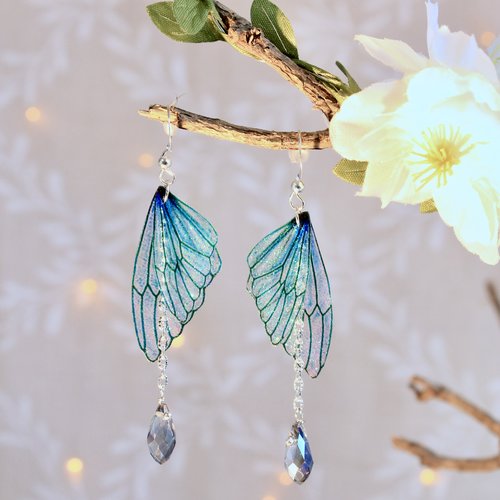 Boucles d'oreilles "ailes de fée papillon bleu" féérique, fantastique, fantaisie, elfique