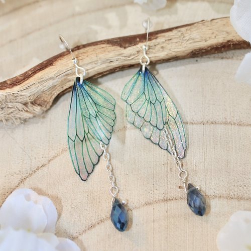 Boucles d'oreilles "ailes de fée papillon bleu" féérique, fantastique, fantaisie, elfique