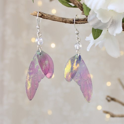 Boucles d'oreilles "ailes de fée roses irisées " féérique, fantastique, fantaisie, elfique