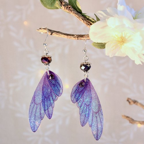 Boucles d'oreilles "ailes de fée violettes irisées bleu" féérique, fantastique, fantaisie, elfique