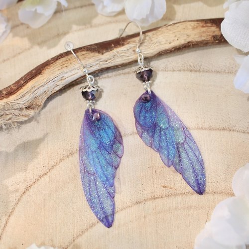 Boucles d'oreilles "ailes de fée violettes irisées bleu" féérique, fantastique, fantaisie, elfique