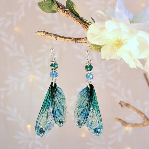 Boucles d'oreilles "ailes de fée bleu turquoise" féérique, fantastique, fantaisie, elfique