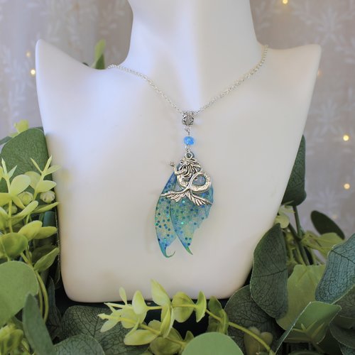Collier, pendentif, "sirène féérique bleue" océan, fantastique, fantaisie