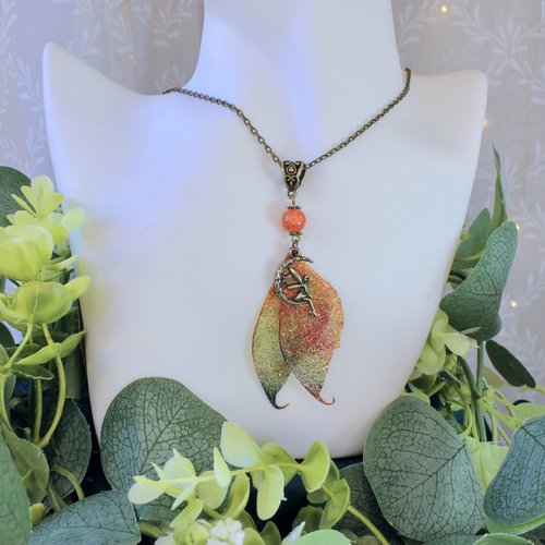 Collier, pendentif, "ailes de fée orangées" fantastique, fantaisie