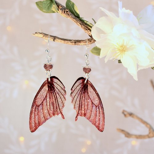 Boucles d'oreilles "ailes de fée vieux rose " féérique, fantastique, fantaisie,