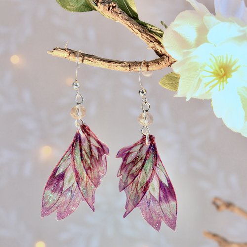 Boucles d'oreilles "ailes de fée cristal rose" féérique fantastique fantaisie