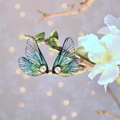 Boucles d'oreilles puces "ailes de fée vertes dégradées" féerique, fantastique, fantaisie