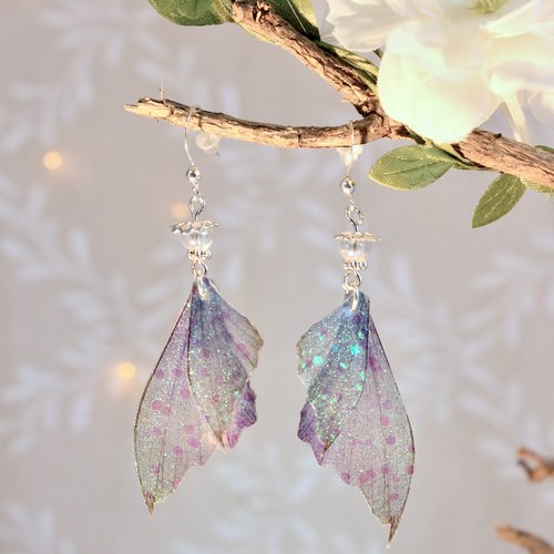 Boucles d'oreilles puces "ailes de fée aquatique parme" féerique, fantastique, fantaisie
