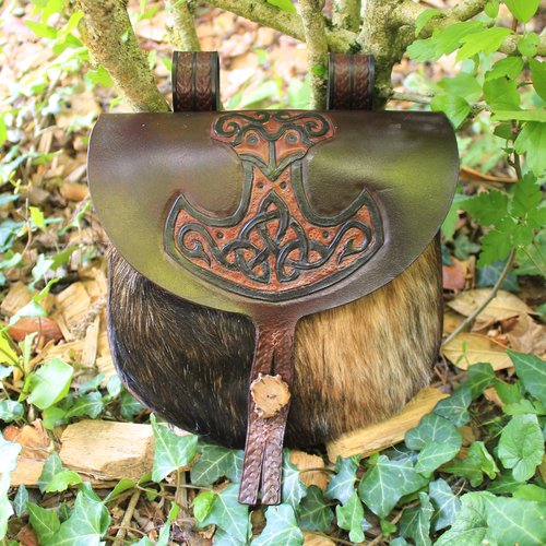 Escarcelle en cuir "mjöllnir" médiéval, viking, marteau de thor