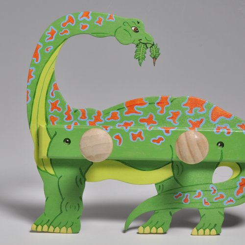 Porte-manteaux, dinosaure, long cou, diplodocus, en bois vert et orange, décoration enfants