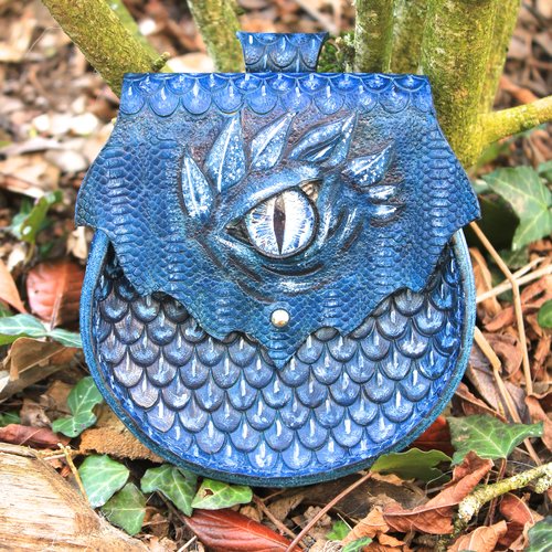 Petite escarcelle en cuir "dragon bleu" médiéval, fantastique,