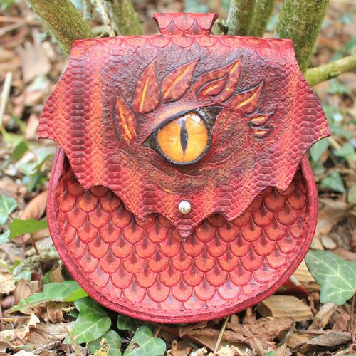 Petite escarcelle en cuir "dragon rouge" médiéval, fantastique, fantasy