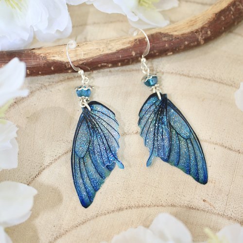Boucles d'oreilles "ailes de fée bleu nuit " féérique, fantastique, fantaisie,