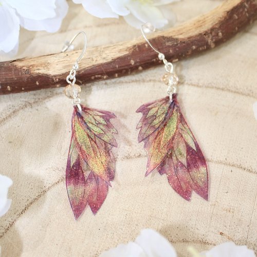 Boucles d'oreilles "ailes de fée cristal rose" féérique fantastique fantaisie