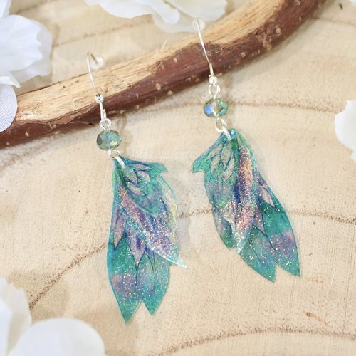 Boucles d'oreilles "ailes de fée cristal bleu turquoise et rose" féérique fantastique fantaisie