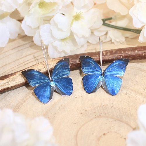 Boucles d'oreilles, dormeuses, papillons morphos bleu