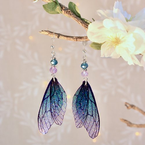 Boucles d'oreilles ailes de fée dégradées turquoise et parme, féerique fantastiques