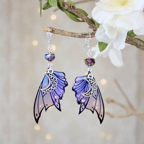 Boucles d'oreilles fée papillon lune, violettes, féerique fantastique fantaisie, art nouveau