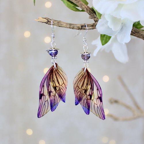 Boucles d'oreilles, fée feuille dégradé jaune, violet, féerique fantastique